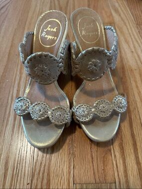 Jack Rogers Gold Leather Slide Sandals with Medallion Detail